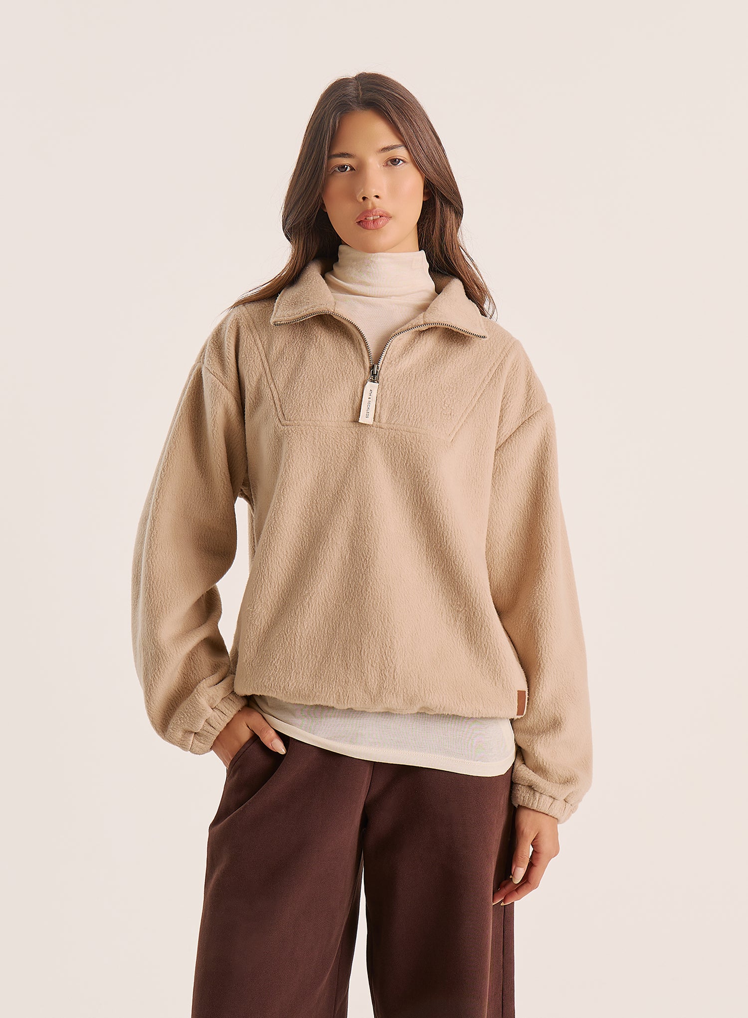 Beige Fleece Toggle Hem Collared Zip Sweatshirt